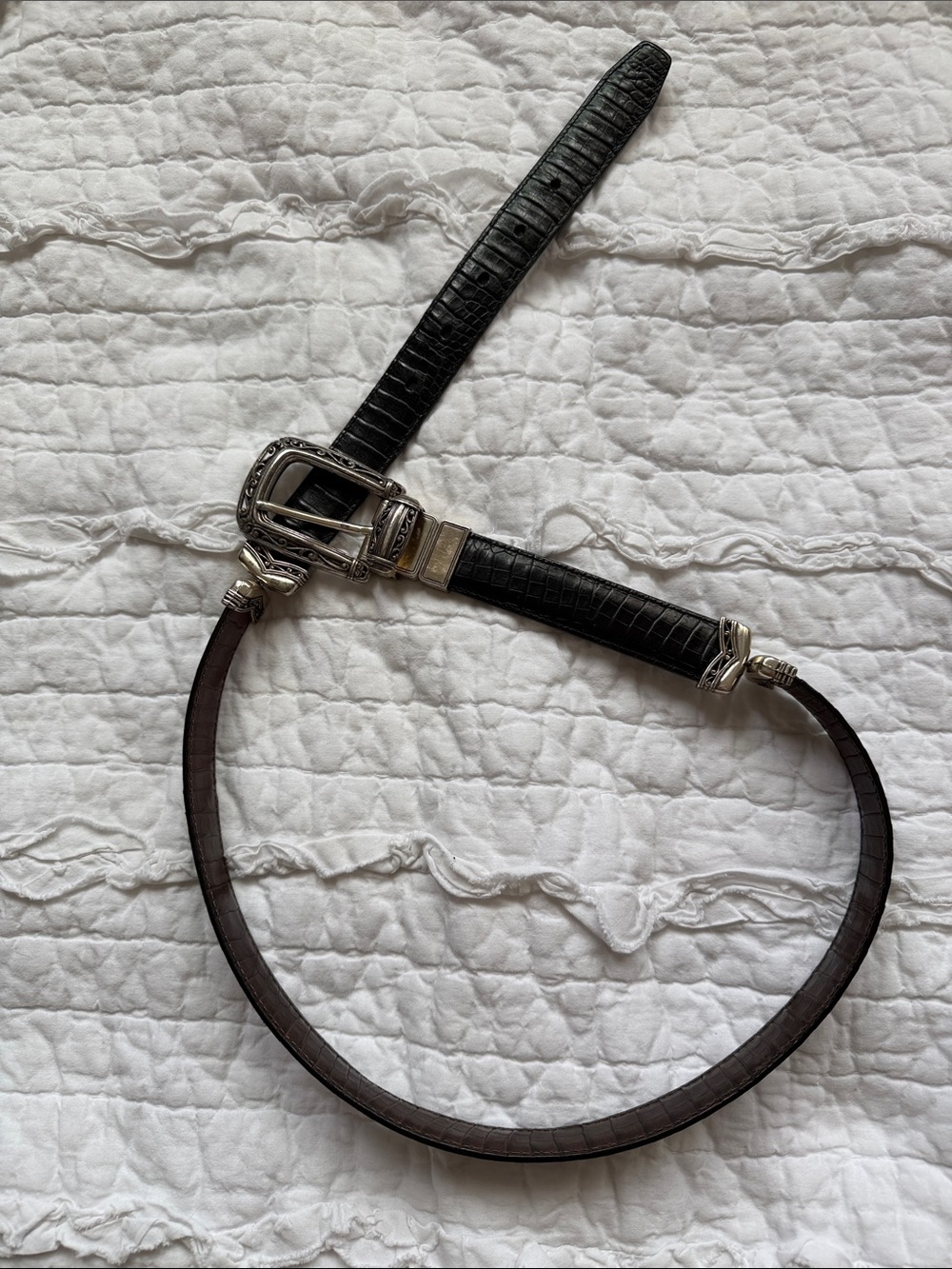 Brighton Black/brown reversible Croc-Embossed Leather Belt with Silver Buckle